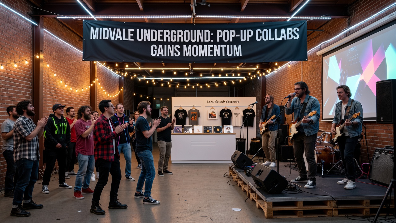 Crowd at a Midvale pop-up concert with artists on a makeshift stage