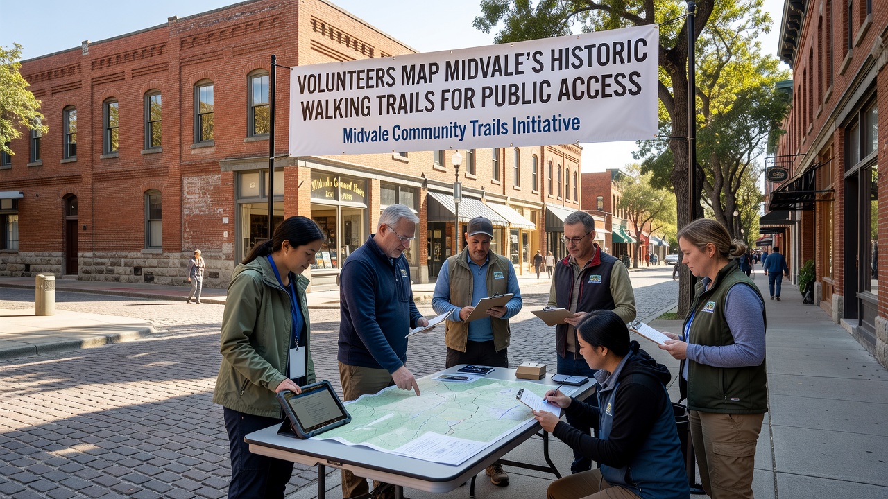 Group of volunteers reviewing printed trail maps and digital overlays at a community center table during a planning session